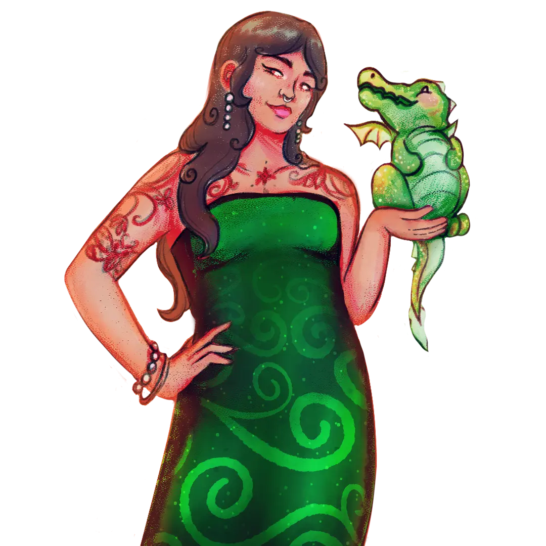 Gabby Abbey holding a green dragon